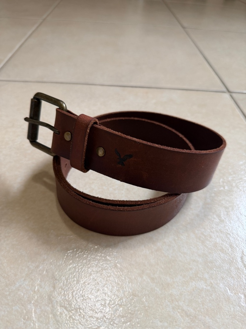 AE American Eagle Men’s Sz 34 Brown Wide Leather Belt Logo